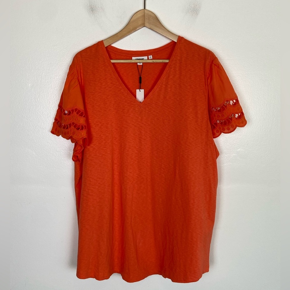 Chico's Eyelet Tiered Sleeves Top Size 4 Us XXL‎ Nectarine V-Neck Short Sleeves
